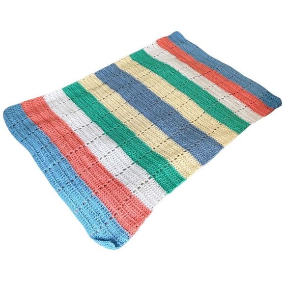 Cuddledown Hospitality Striped Knit Throw Blanket Blue Pink Green Yellow White 2 - Picture 1 of 3